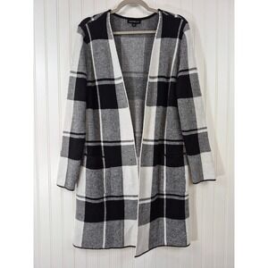 Fortune + Ivy Black White Plaid Open Front Longline Cardigan Sweater Size L
